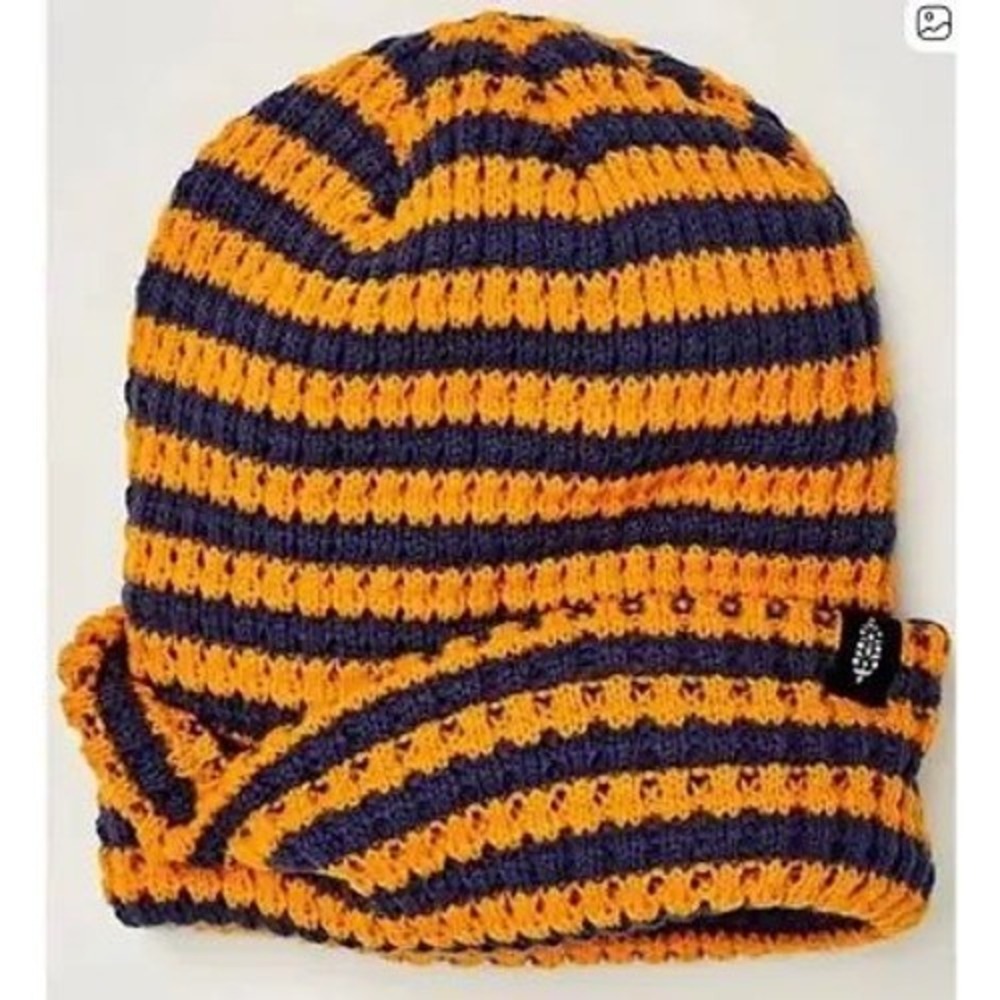Free People Movement Stripe It Up Cool Down Knit Beanie Hat Blue Orange  NEW